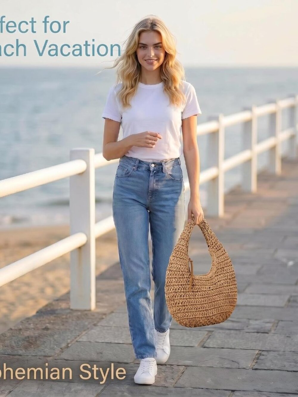 Handmade Crescent Straw Bag for Women, Summer Beach Hobo Raffia Woven Underarm H - Picture 2 of 6